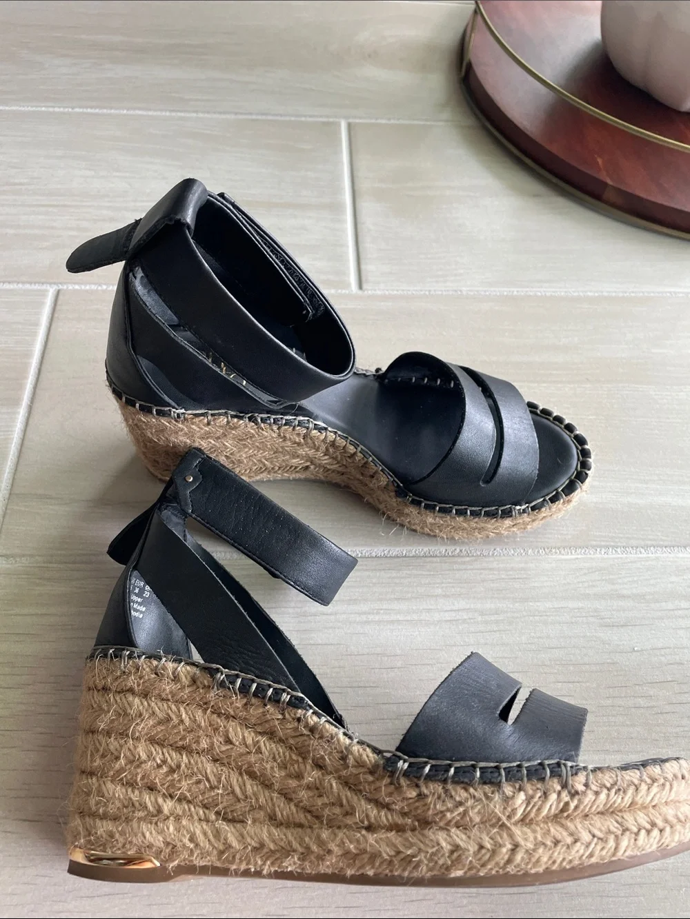 Franco Sarto Black Leather Espadrille Wedge Sandals with Ankle Strap